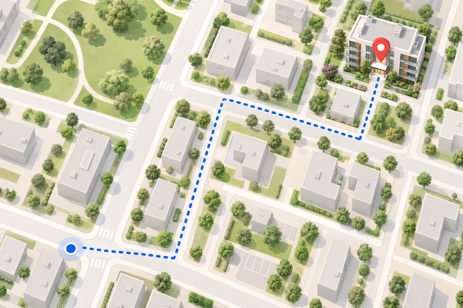 A dotted blue route leads from the street to a location pin at an apartment building entrance.