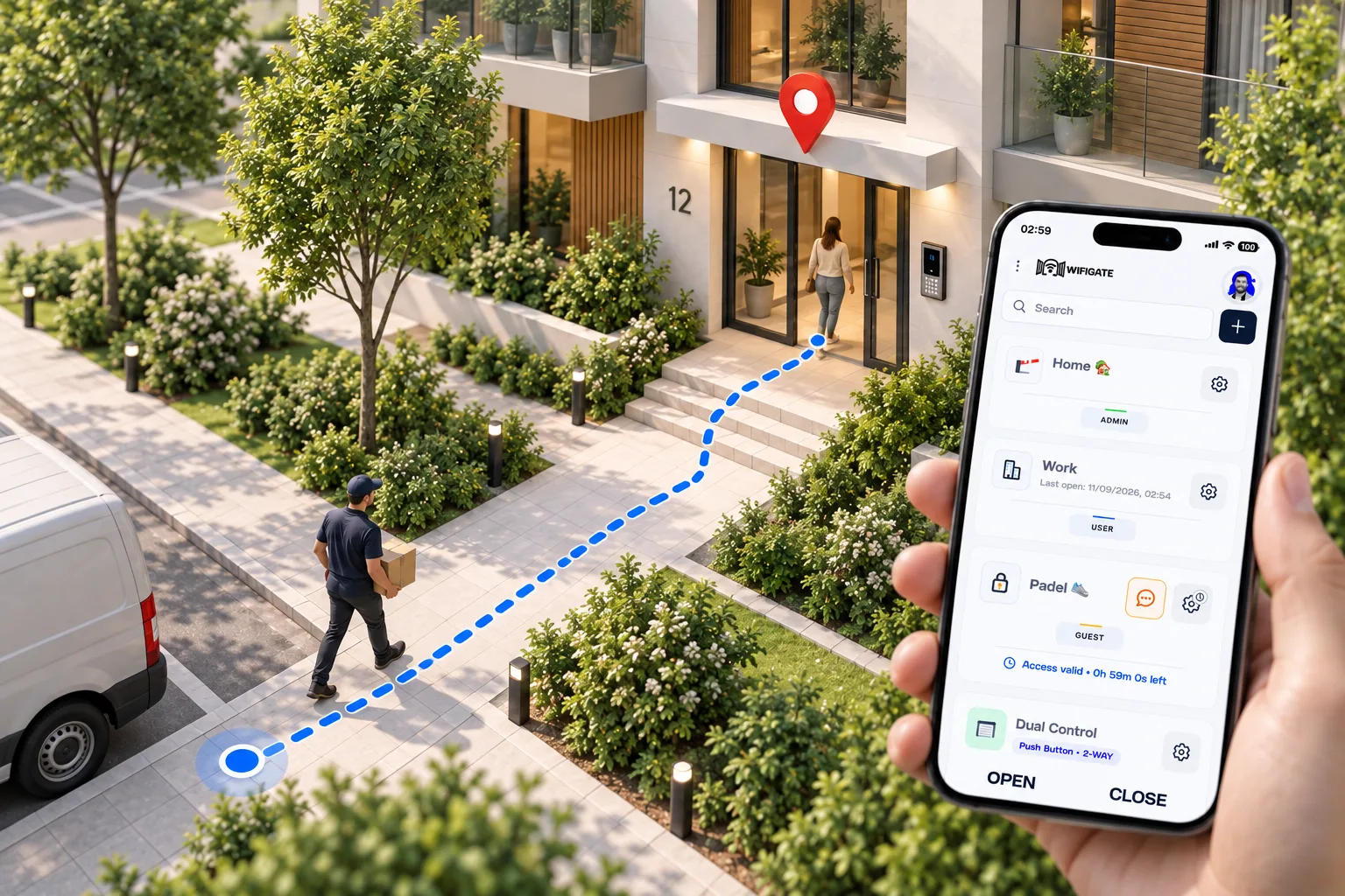 A courier follows a dotted blue route to an apartment entrance while a resident holds the WIFIGATE app showing time-limited guest access.
