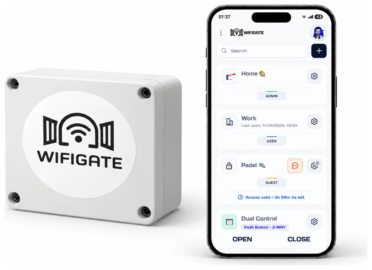The WIFIGATE app on a phone, listing a home gate, a workplace, and a time-limited guest pass