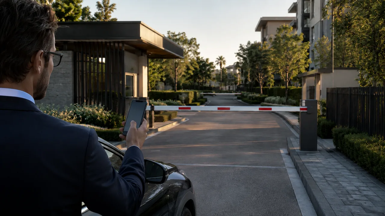 Automobilista che apre una sbarra del parcheggio e un cancello elettrico con il telefono