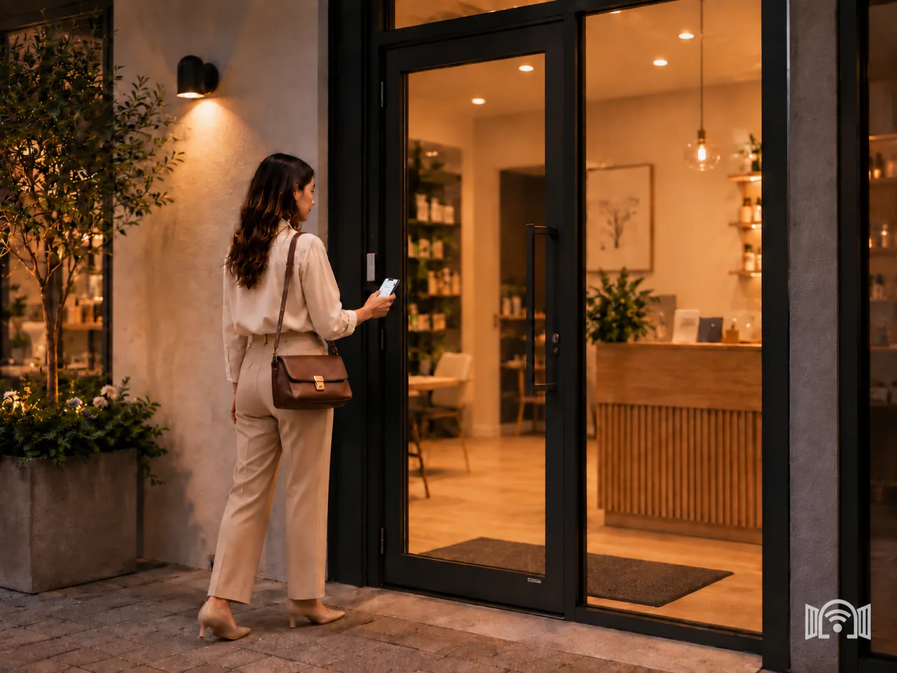 Customer opening the entry door of a small business with a phone
