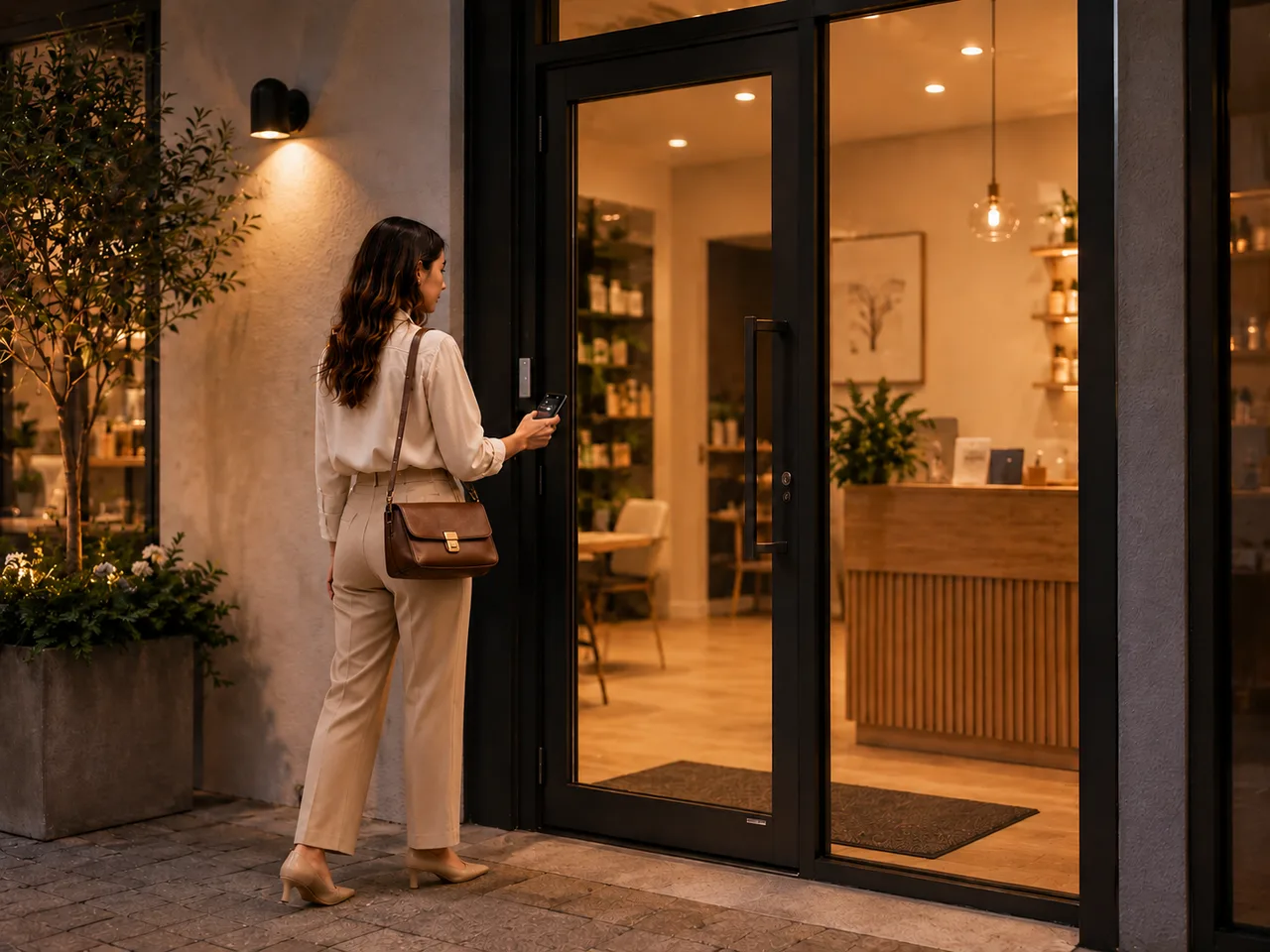 Customer opening the entry door of a small business with a phone