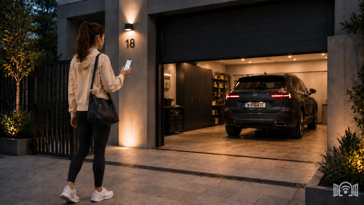 Man opening a private garage door with a phone at a modern home