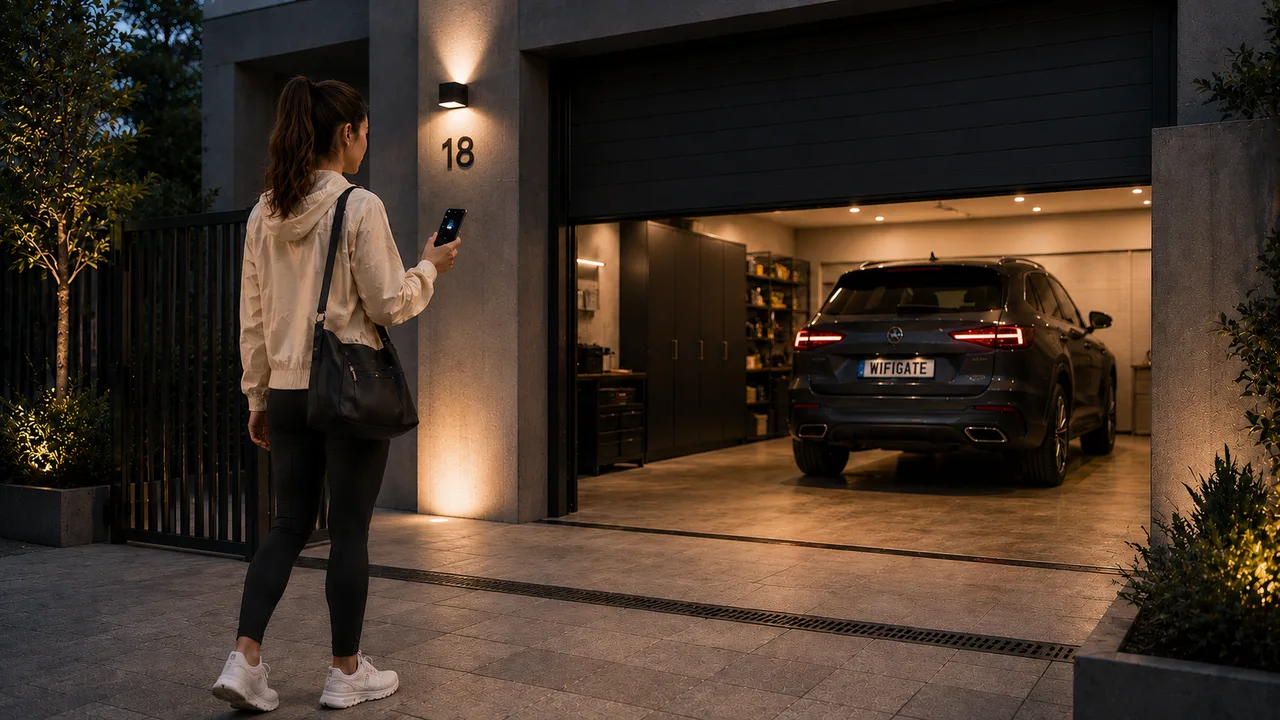 Man opening a private garage door with a phone at a modern home