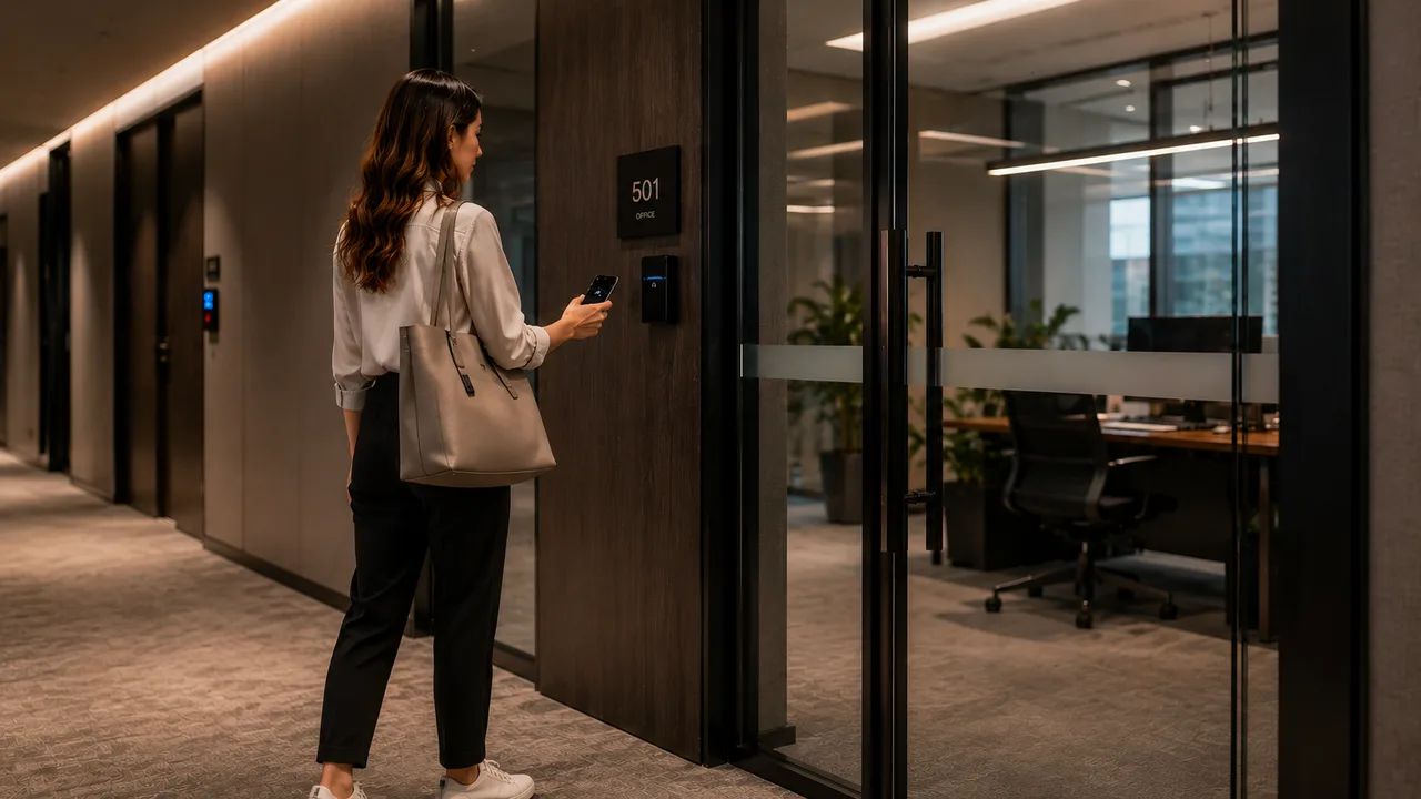 Employee opening a glass door in a modern office with a phone