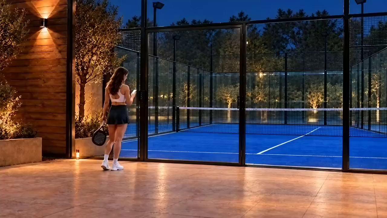 Pemain padel membuka pintu masuk gelanggang sukan berlampu dengan telefon